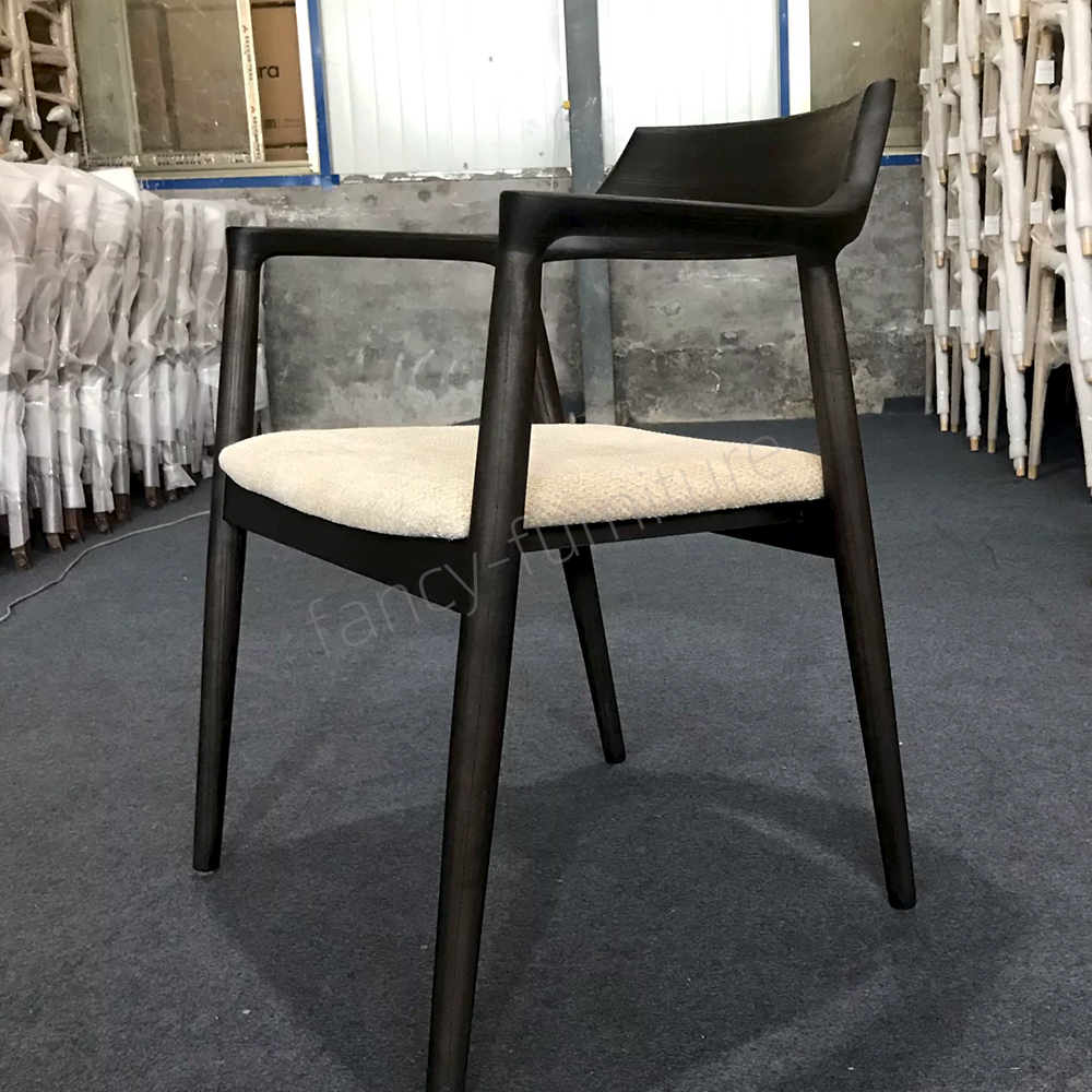 Black Finished Ash Wood Hiroshima Dining Chair with Soft Cushion, Minimalist Japanese Style Arm Chair for Home Use