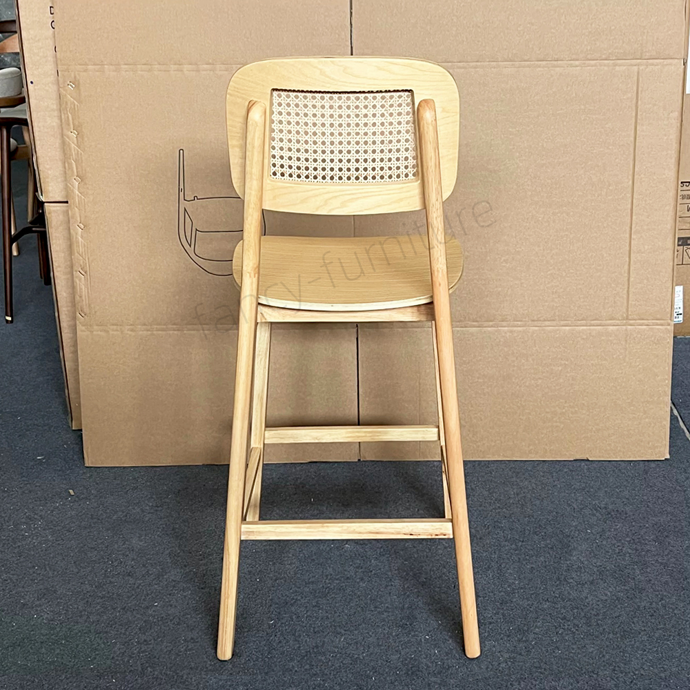 Wholesale Modern Ash Wood Bar Stool with Real Rattan Back & Seat, Ergonomic Counter Height Kitchen Bar Chair with Solid Wood Frame for Home, Restaurant,