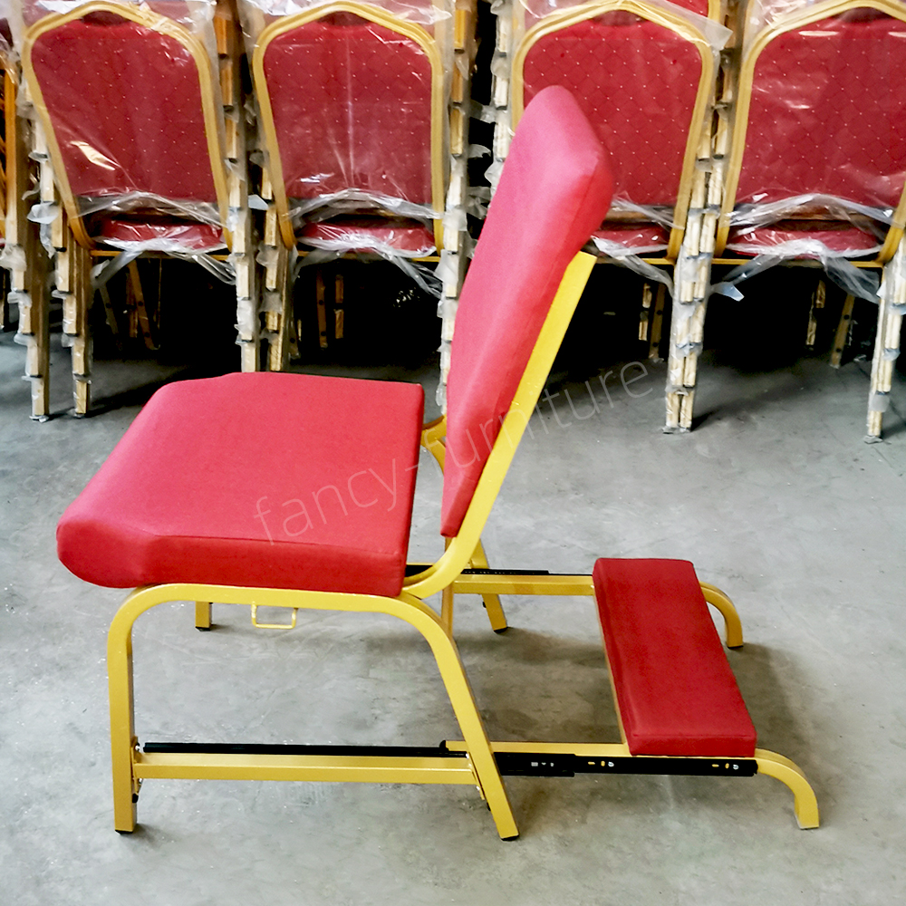 Metal Frame Stackable Church Prayer Chair with Kneeler, Red Fabric Upholstered Worship Chair for Church