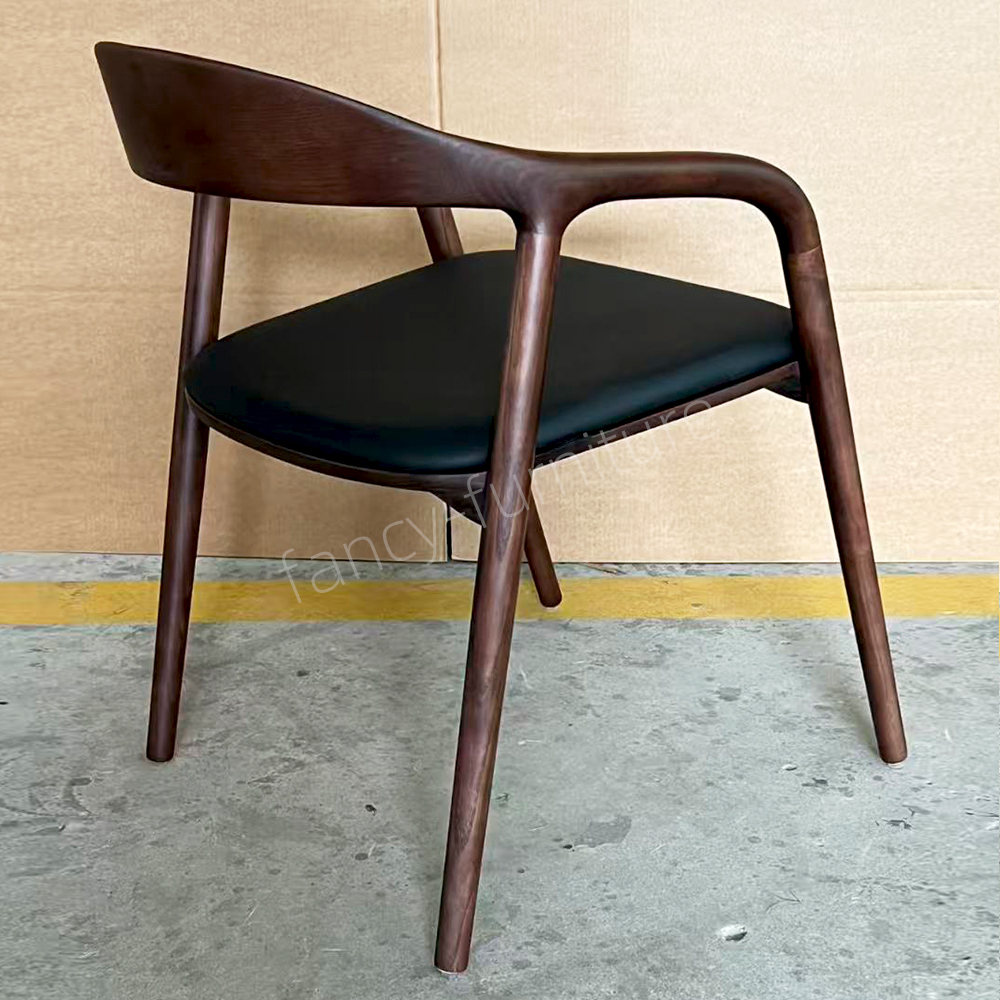 Factory Direct Sales of Modern Design Walnut-colored Solid Wood Dining Chairs with Laser-engraved, Nail-free Seat Panels And PU Cushions.