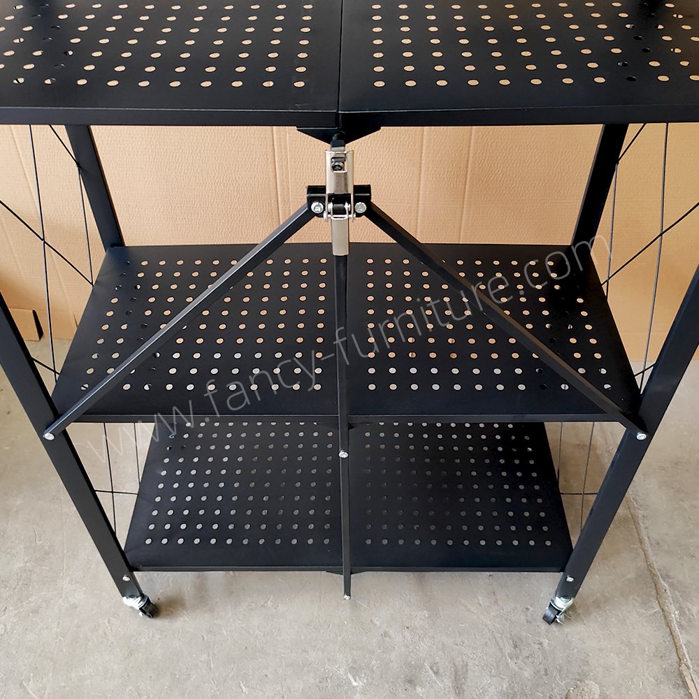 4-Tier Foldable Iron Kitchen Storage Shelf with Wheels Heavy Duty Powder-Coated Rolling Rack Organizer for Microwave Oven Food
