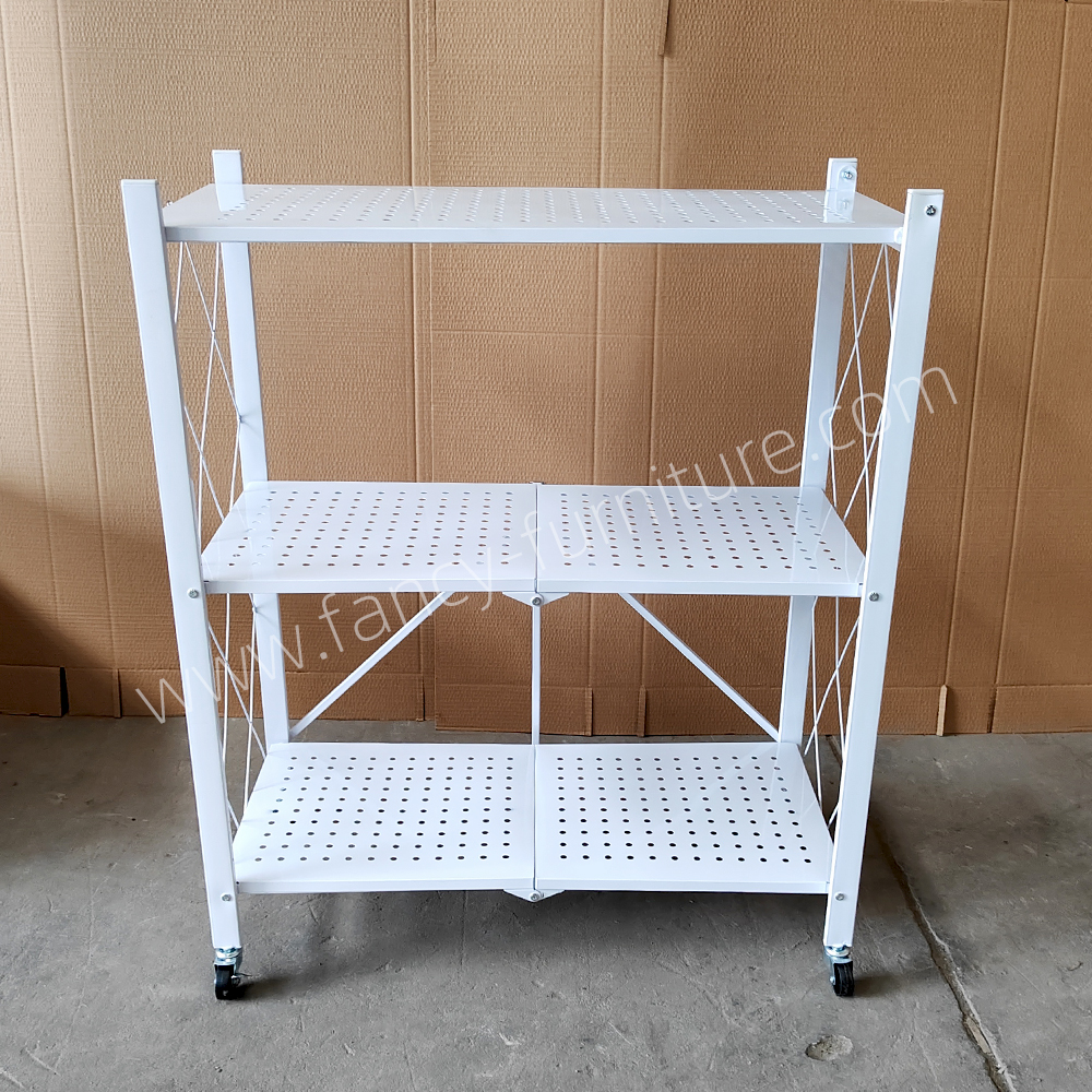 3 Tier Foldable Metal Storage Shelf with Wheels, Collapsible Rolling Rack, Heavy Duty No Assembly Organizer for Kitchen Home