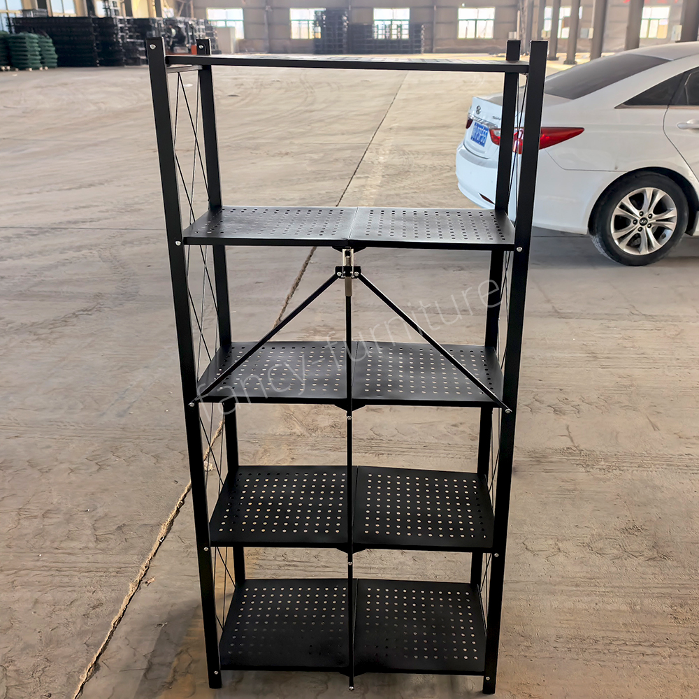 5-Tier Foldable Iron Kitchen Storage Shelf Wheels Heavy Duty Powder-Coated Rolling Rack Organizer for Flower Pot Living Room