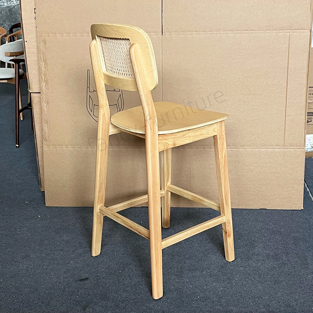 Wholesale Modern Ash Wood Bar Stool with Real Rattan Back & Seat, Ergonomic Counter Height Kitchen Bar Chair with Solid Wood Frame for Home, Restaurant,
