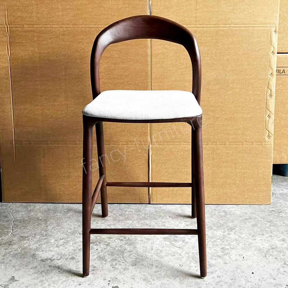 Modern Walnut Solid Wood Bar Stool with Upholstered Cushion, Curved Back Counter Height Chair for Kitchen & Bar