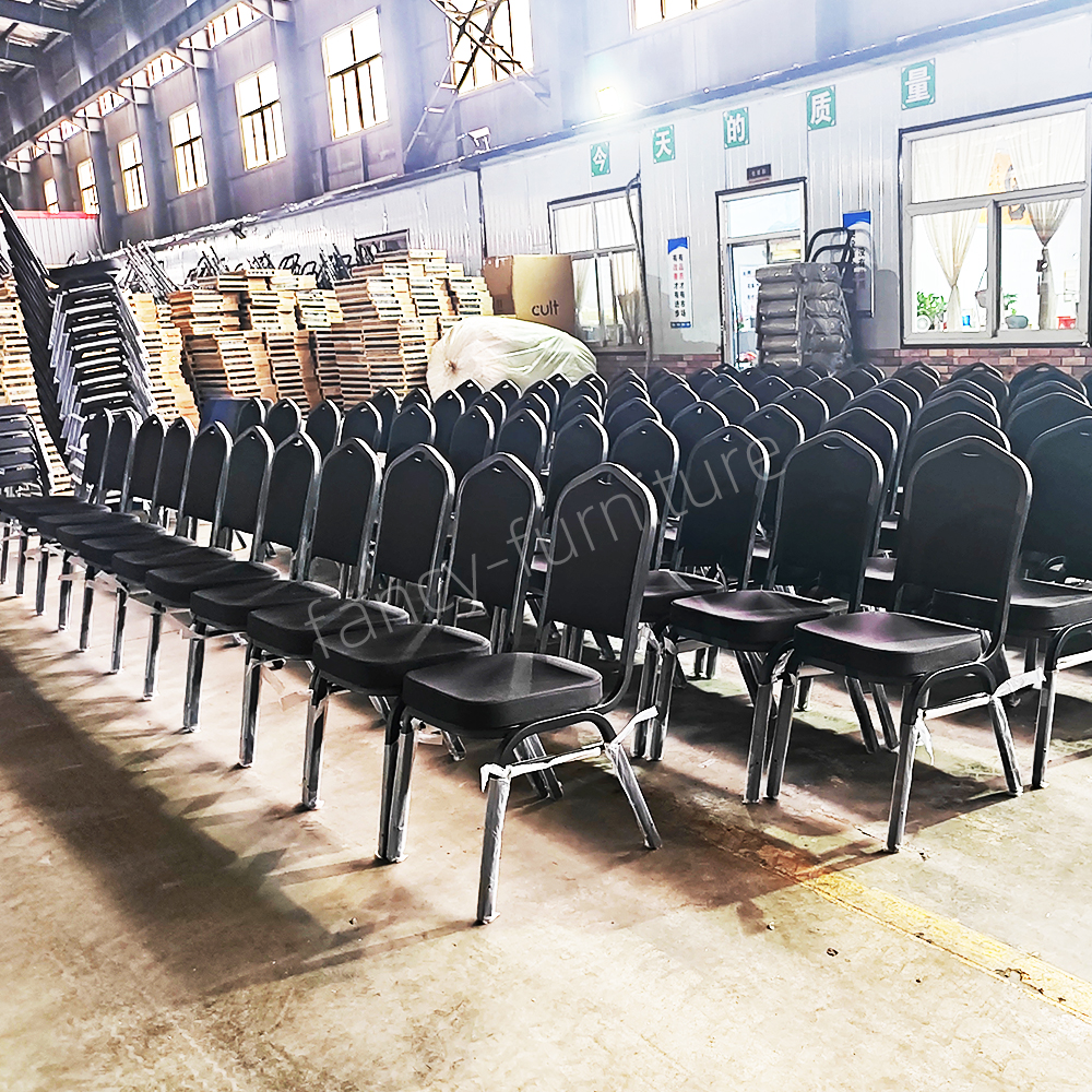 Banquet Chair Modern Metal Fabric Stackable Stable Commercial Hotel Dining Chair Solid Back Foam Cushion Iron Legs Chairs