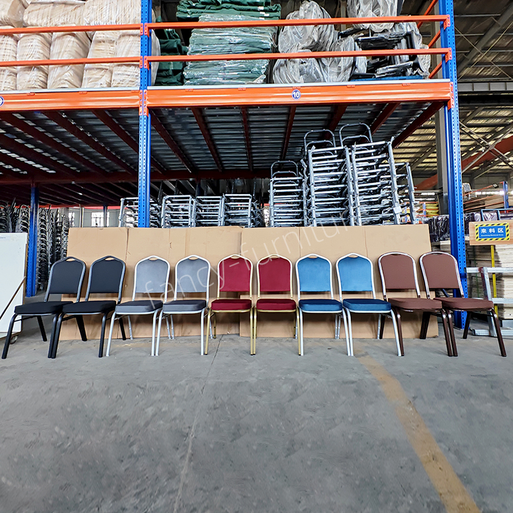 Fancy Banquet Chair Modern Metal Fabric Stackable Stable Commercial Hotel Dining Chair Solid Back Foam Cushion Iron Legs