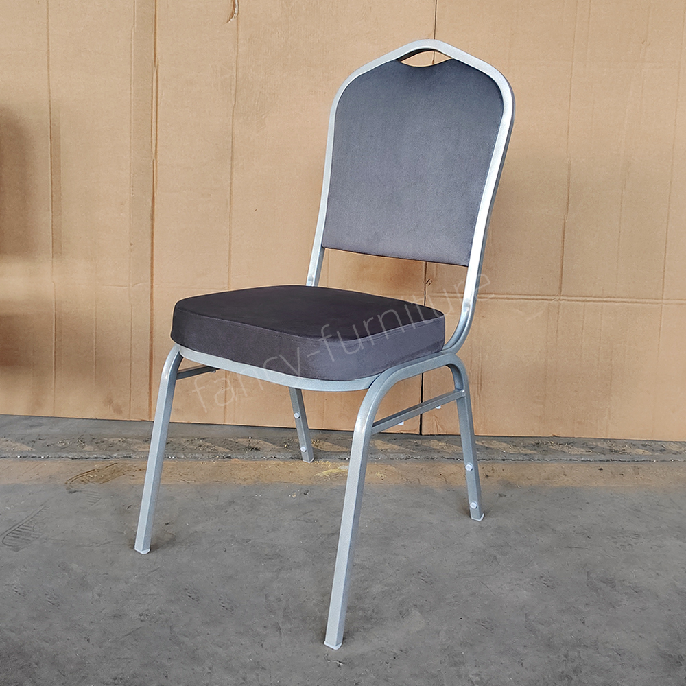 Fancy Banquet Chair Modern Metal Fabric Stackable Stable Commercial Hotel Dining Chair Solid Back Foam Cushion Iron Legs