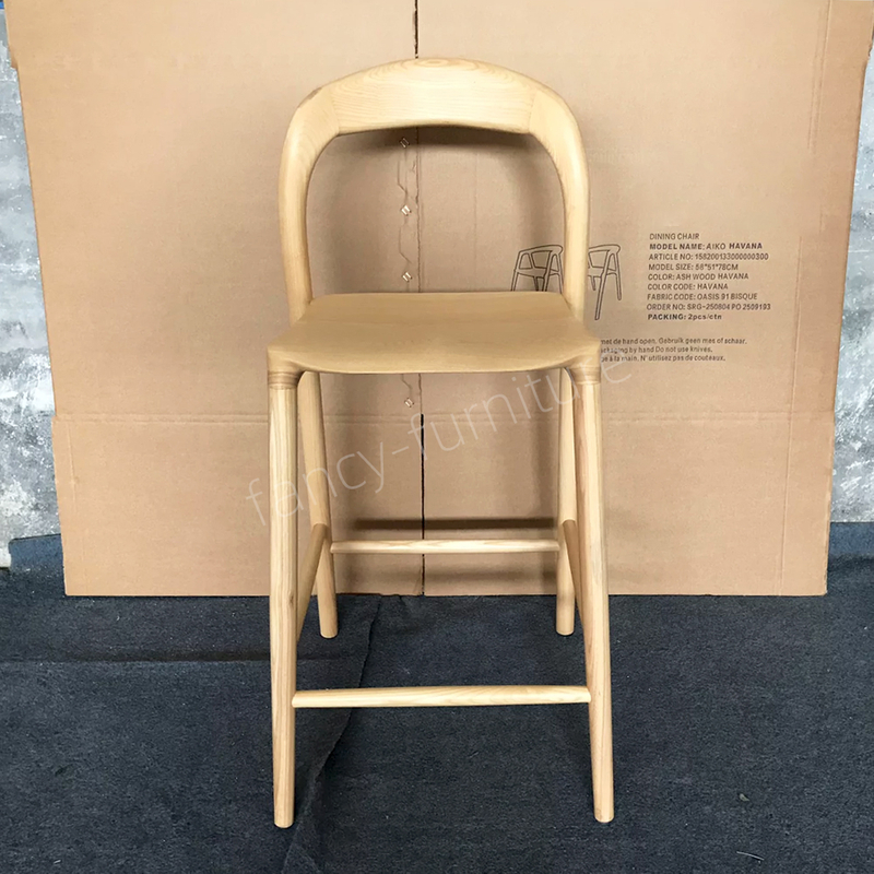 Modern Solid Wood Bar Stool, Curved Backrest Counter Height Chair, Natural Ash Wood Finish for Kitchen & Bar